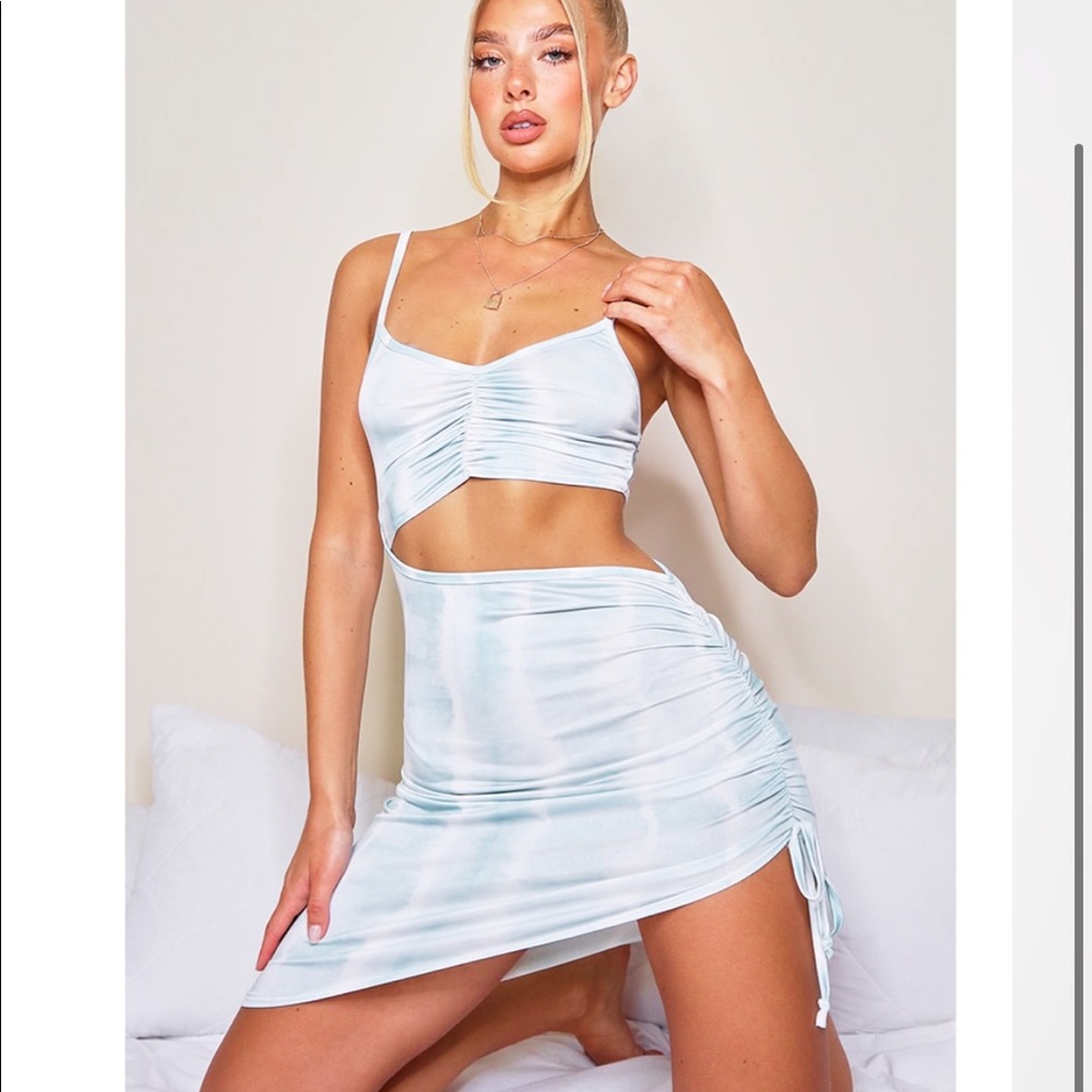 Teal Tie Dye Print Cut Out Ruched Bodycon Dress